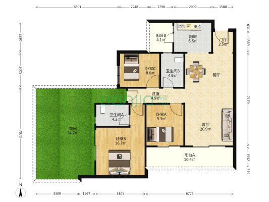 滨江郦城 3室1厅2卫 97平方