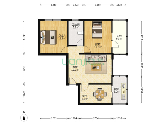 新月小区 2室2厅1卫 86平方
