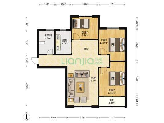 海泰花园 3室1厅1卫 113平方