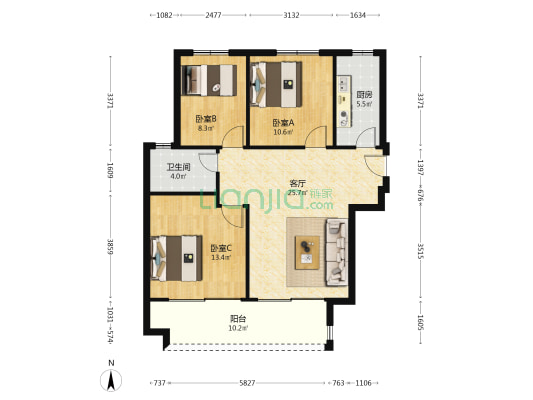荣盛城-悦盛生活广场 3室1厅1卫 108平方