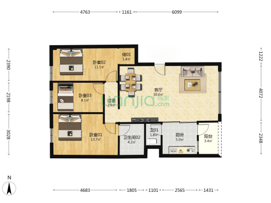 金榜豪苑 3室1厅2卫 108平方