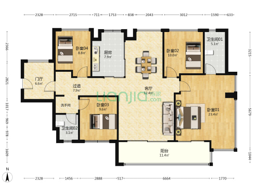 保利天汇 4室1厅2卫 143平方