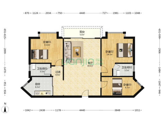 翠韵楼 3室1厅2卫 134平方