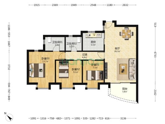 新玥庭 3室1厅2卫 106平方