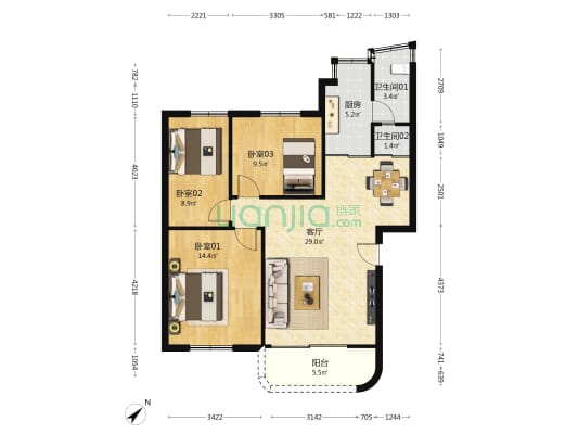 百花苑 3室1厅2卫 88平方