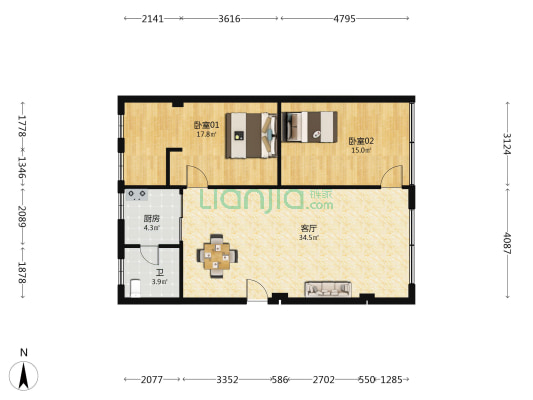 平洲医院职工宿舍 2室1厅1卫 91平方