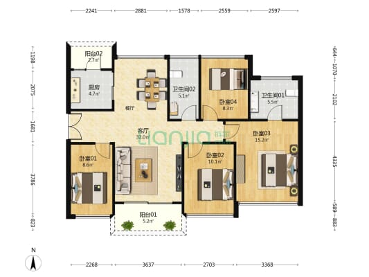 尖岗山壹号花园 4室1厅2卫 111平方