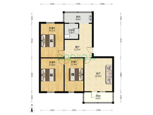 建设南路出版局宿舍 3室2厅1卫 99平方