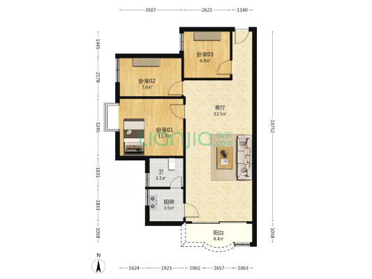 乐安富景花园 3室1厅1卫 85平方