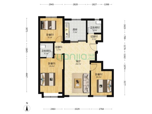 幸福里润园 3室1厅2卫 109平方