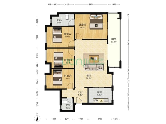联发天境雅居 4室1厅2卫 112平方