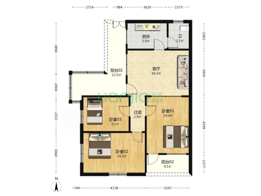 舍人大街 3室1厅1卫 91平方