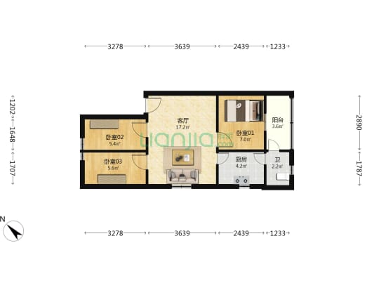 雪象花园新村 3室1厅1卫 53平方