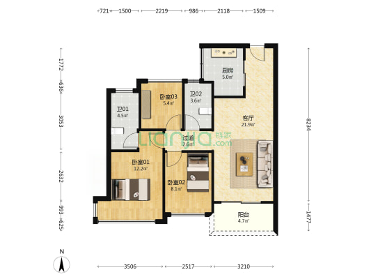 中南云锦 3室1厅2卫 80平方