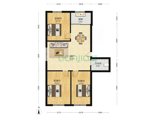 全景小区 3室1厅1卫 100平方