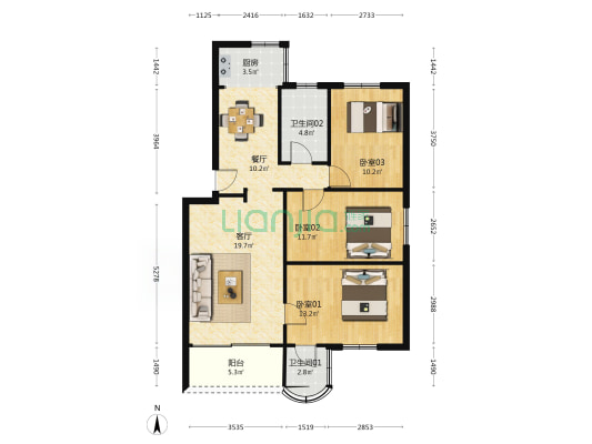 桂海大厦 3室2厅2卫 107平方