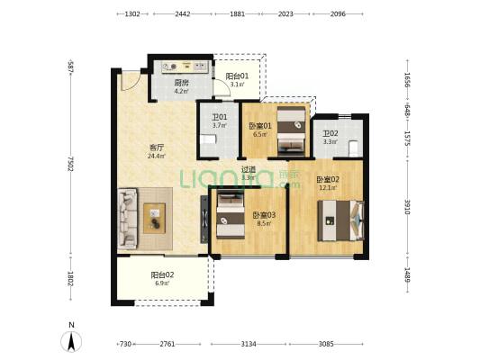 莱福水岸城邦 3室1厅2卫 85平方