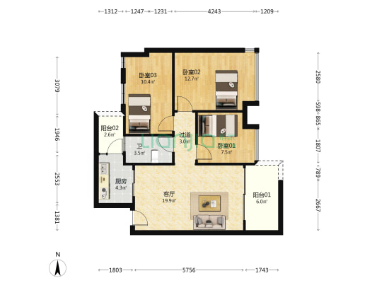 荣丰置业大厦 3室1厅1卫 93平方