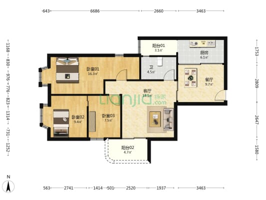新天富山海华庭 3室2厅1卫 99平方