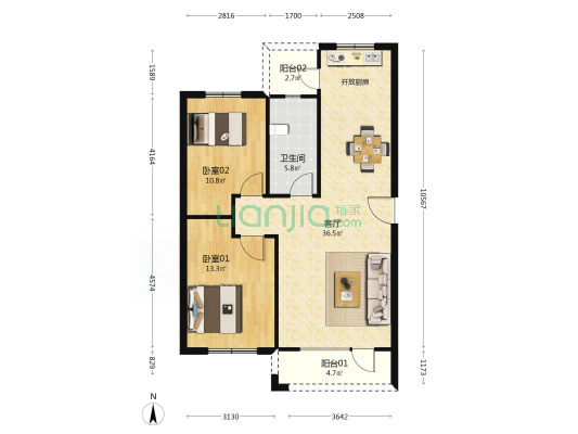 华宸书苑 2室1厅1卫 86平方