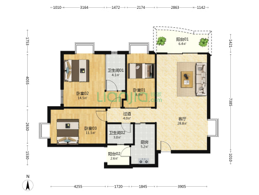 汇华名居 3室1厅2卫 110平方