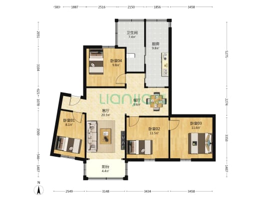 医疗中心小区 4室2厅1卫 102平方