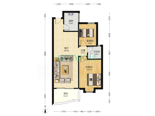 骏逸居 2室1厅1卫 86平方