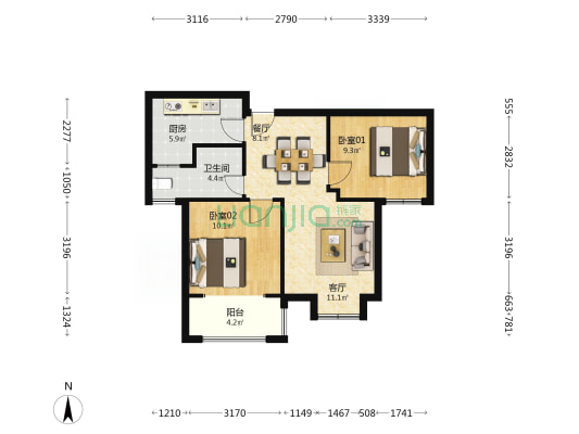 清风泰安苑西区 2室2厅1卫 69平方