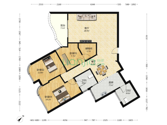 鹿茵豪园 3室2厅2卫 114平方
