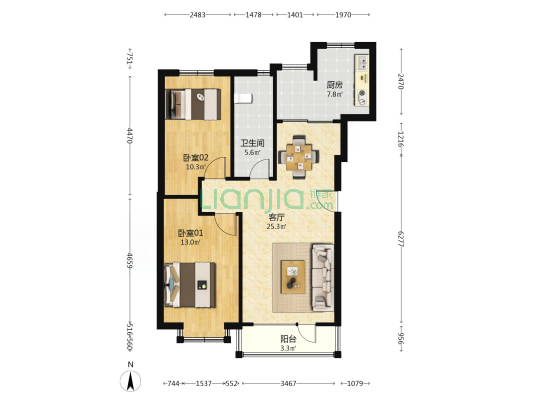 枫林小镇 2室1厅1卫 87平方