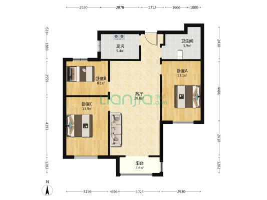 渤龙南苑 3室1厅1卫 118平方