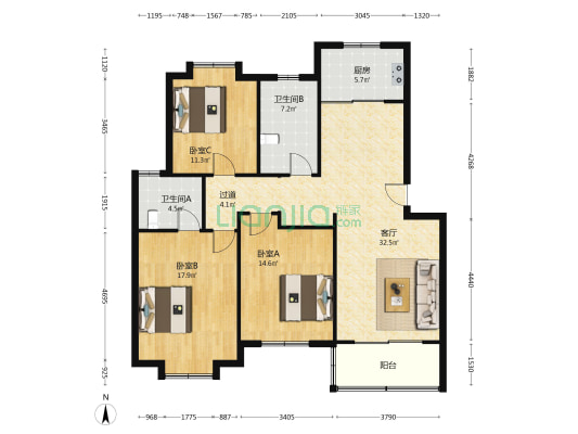 甸新路8号 3室1厅2卫 125平方