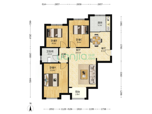 州河湾南园 3室2厅1卫 104平方