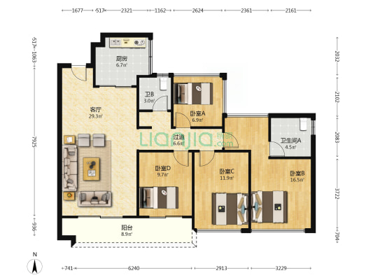 顺德华润置地广场 4室1厅2卫 124平方
