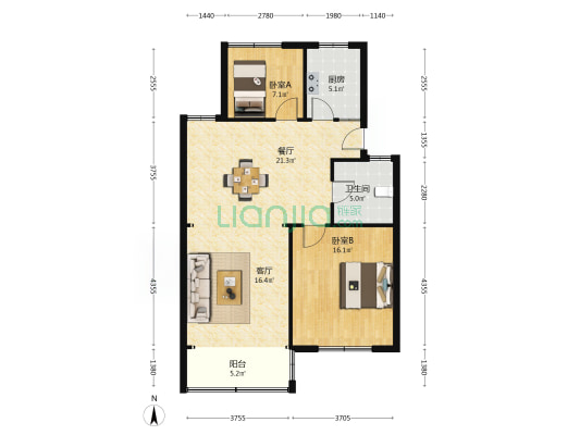 渔家浜 2室2厅1卫 88平方