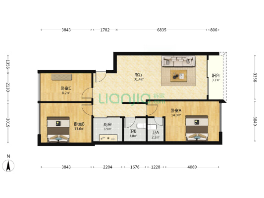 誉满轩 3室1厅2卫 91平方