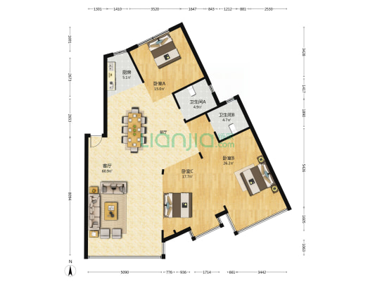 清风公寓 3室1厅2卫 153平方