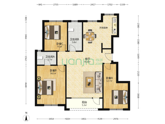 明珠城捌号院 3室1厅2卫 119平方