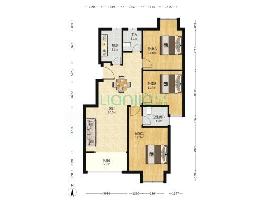 融城品园 3室1厅2卫 110平方