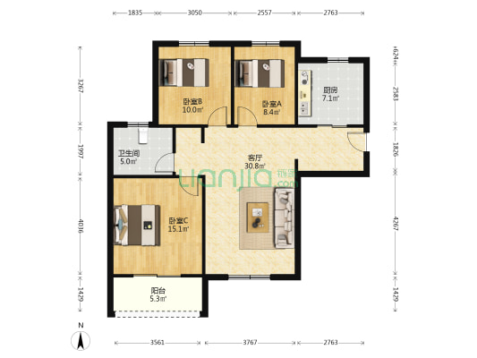 滨江荟景苑 3室1厅1卫 110平方