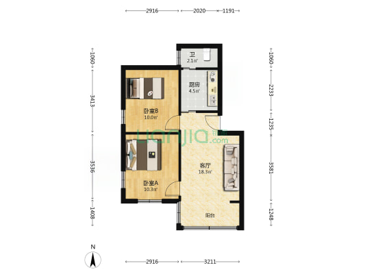 二轻邨宿舍 2室1厅1卫 53平方