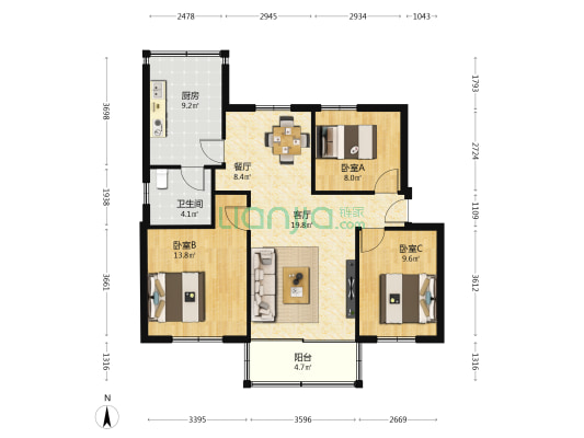 广东生态工程职业学院教工宿舍 3室2厅1卫 91平方
