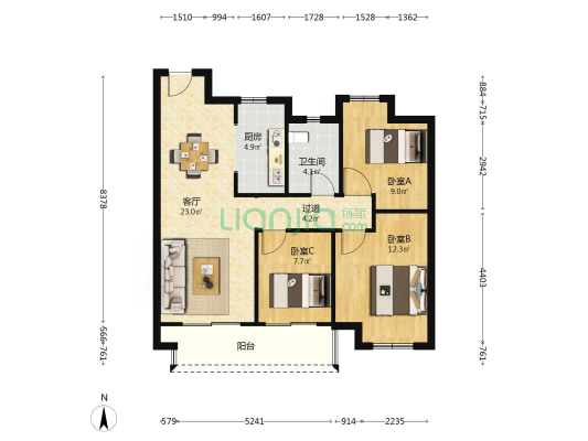 悦江南花园 3室1厅1卫 87平方