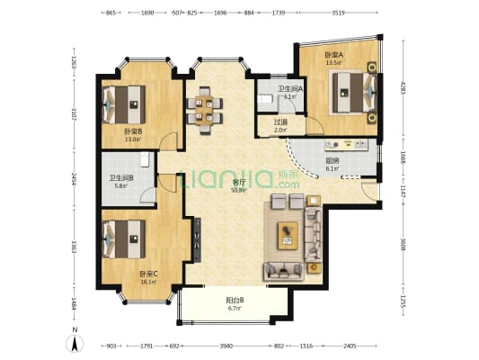 蓝漪花园 3室1厅2卫 136平方
