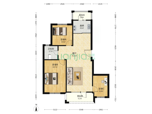 国奥花园二期 3室1厅1卫 101平方
