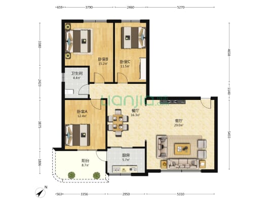 35区公路局宿舍 3室2厅1卫 119平方