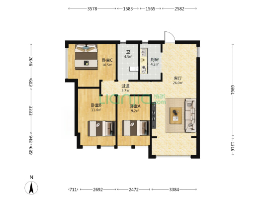 万豪广场 3室1厅1卫 98平方