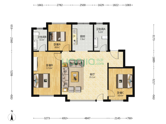 旭辉江山如院 3室1厅2卫 109平方