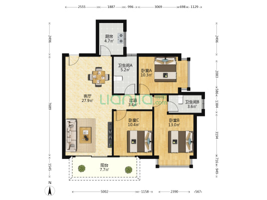 意洲嘉园盛景 3室1厅2卫 104平方