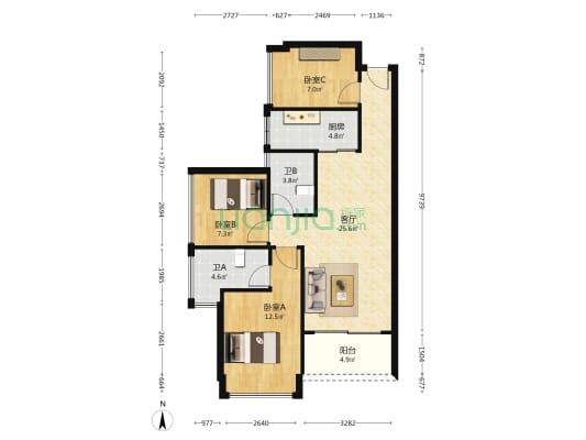 山海四季城Ⅱ华府 3室1厅2卫 90平方